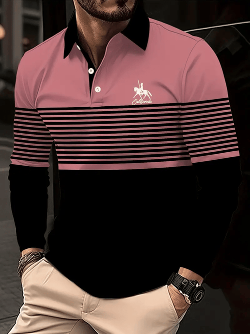 Men's Retro Business Stripe Print Long Sleeve POLO Shirt