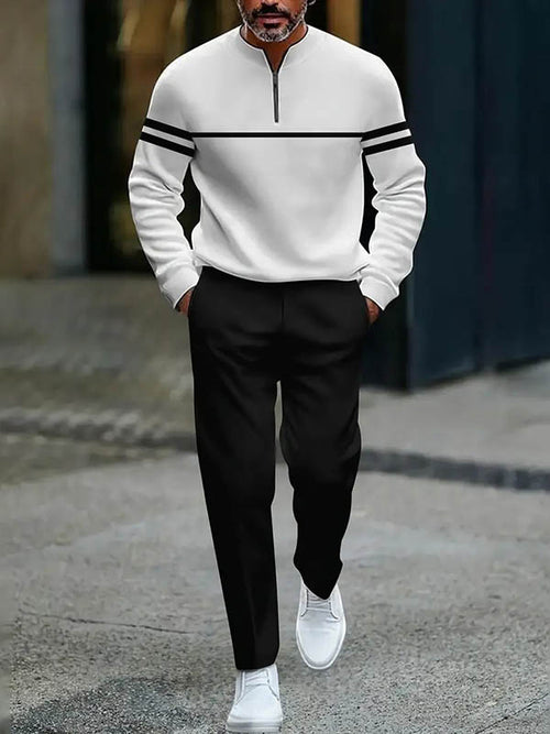 Men's Casual Color Matching Printed Round-Neck Zipper Long Sleeved Trousers Two-Piece Set
