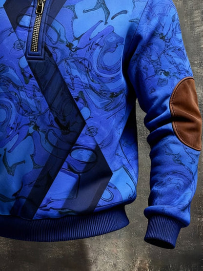 Men's Retro Color Block Print Color-Blocked Zip-Up Sweatshirt