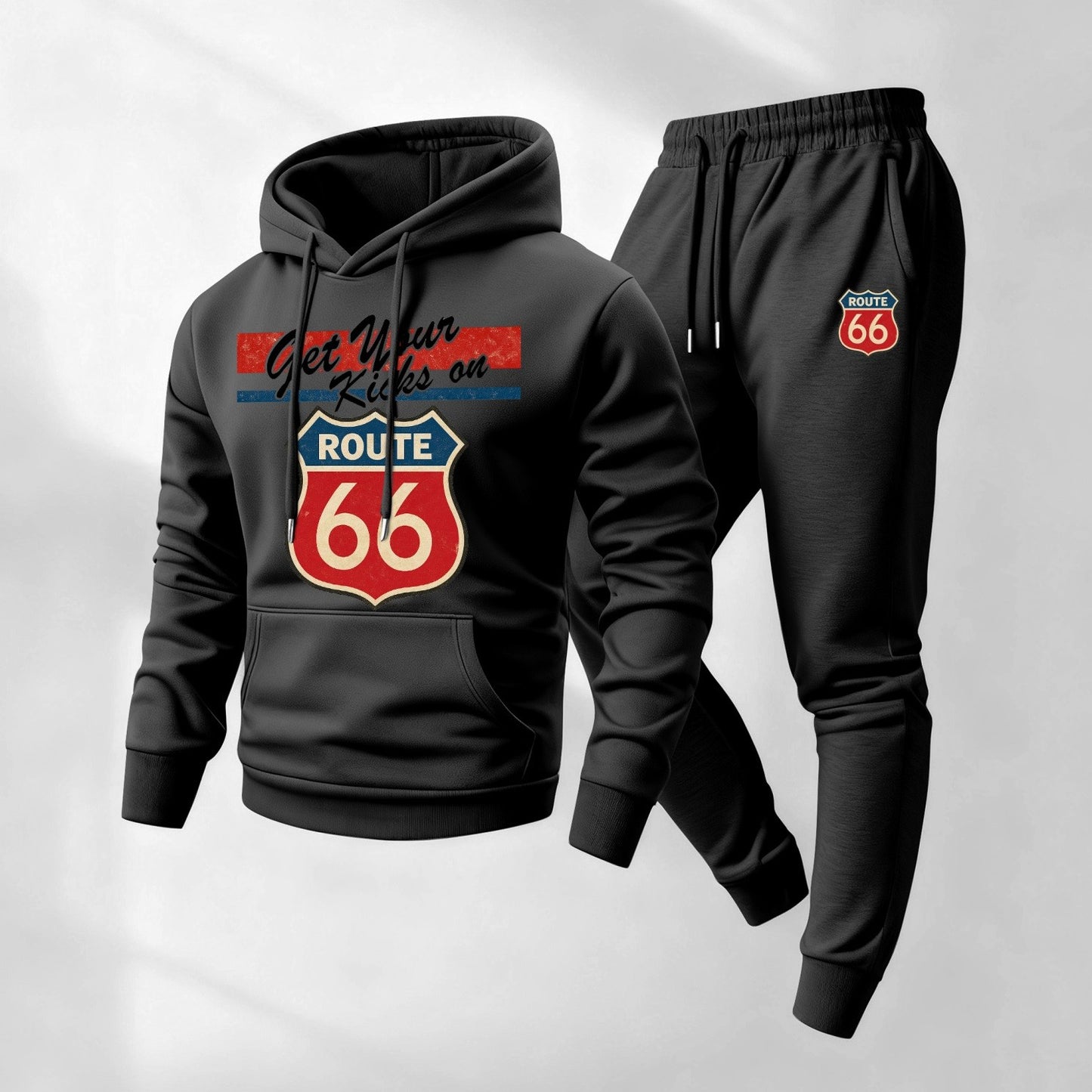 Men's Route 66 Retro Patterned Hoodie And Drawstring Track Pants Set, Men's Casual Athletic Long-Sleeved Hooded Jacket And Pants, Suitable For Fall And Winter, Street Style Hoodie Set, Men's Everyday Wear, Indoor And Outdoor Sportswear,