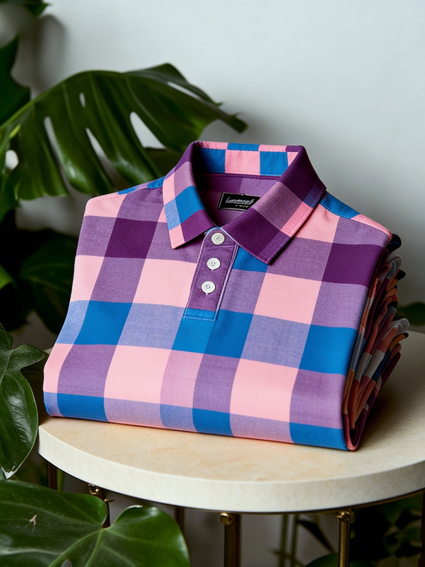 Men's Business Casual Button Short Sleeve Plaid Purple Polo Shirt