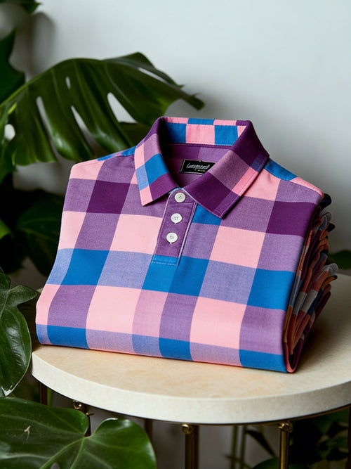 Men's Business Casual Button Short Sleeve Plaid Purple Polo Shirt