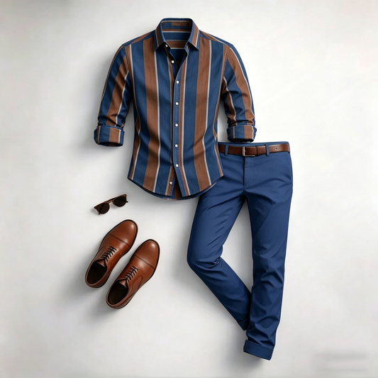 Men's Casual Color Matching Geometric Printed Long Sleeved Shirt & Trousers Two-Piece Set