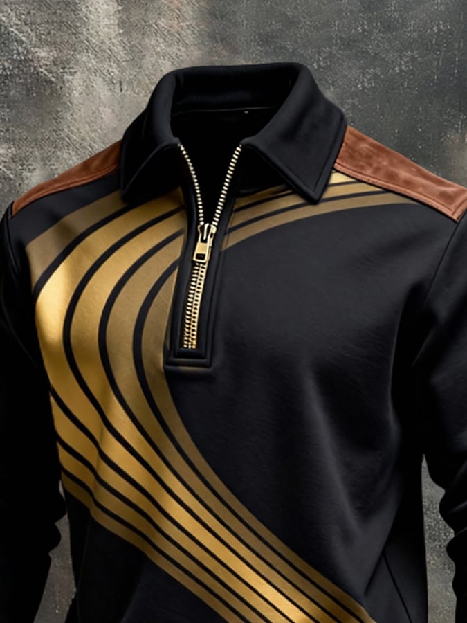 Men's Retro Color Block Print Color-Blocked Zip-Up Sweatshirt
