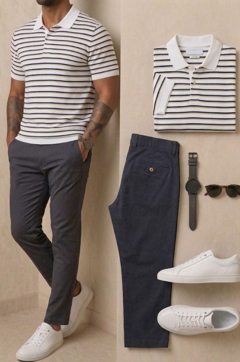 Men's Casual Striped Printed Polo Shirt & Beige Pants Two-Piece Set
