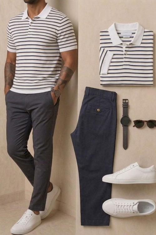 Men's Casual Striped Printed Polo Shirt & Beige Pants Two-Piece Set