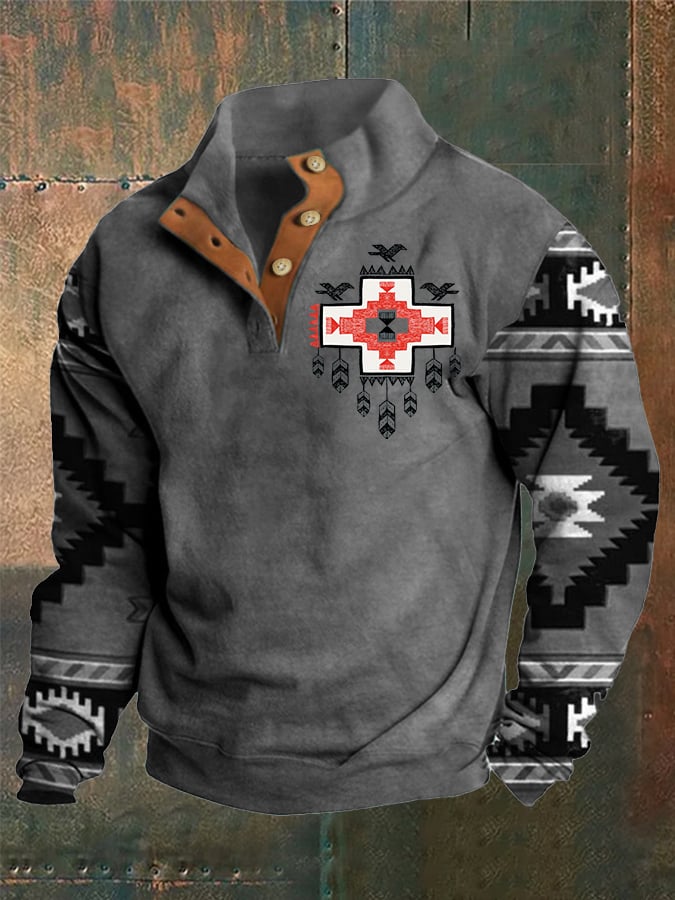 Men's Western Style Printed Stand Collar Button Sweatshirt