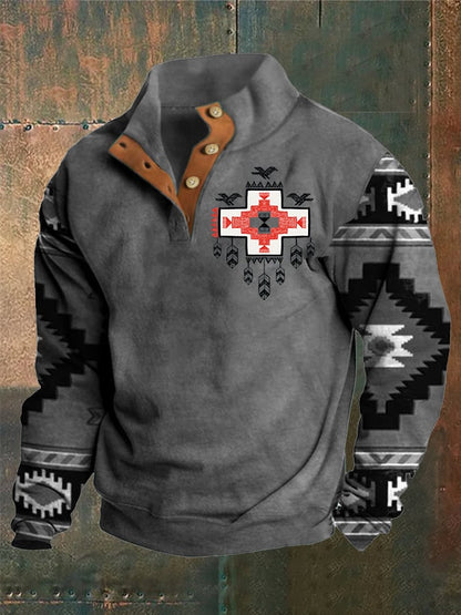 Men's Western Style Printed Stand Collar Button Sweatshirt