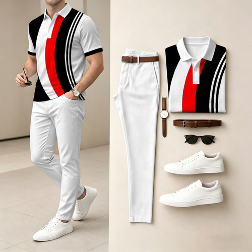 Men's Casual Striped Print Short-Sleeve Polo Shirt And Pants Set (Excludes Accessories Such As Watches And Belts)