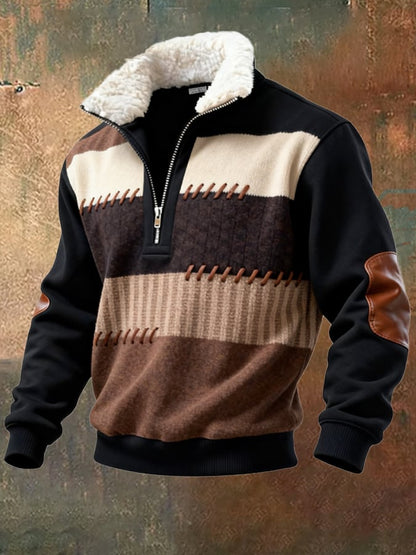 Men's Retro Color Block Print Casual Fur Collar Sweatshirt