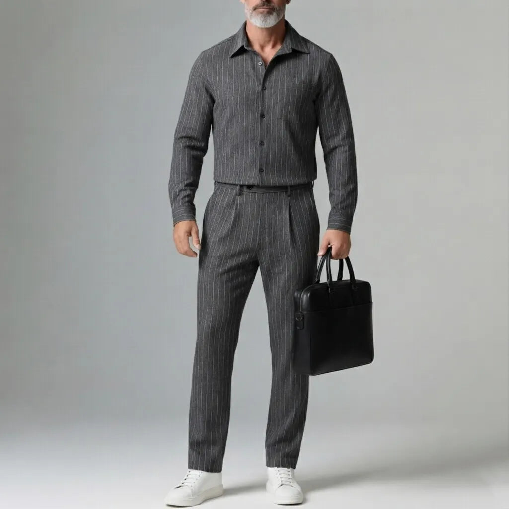 Men's Dark Gray Pinstripe Print Chest Pocket Button-Up Shirt & Suit Pants 2Pcs Set