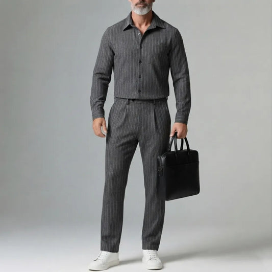 Men's Dark Gray Pinstripe Print Chest Pocket Button-Up Shirt & Suit Pants 2Pcs Set