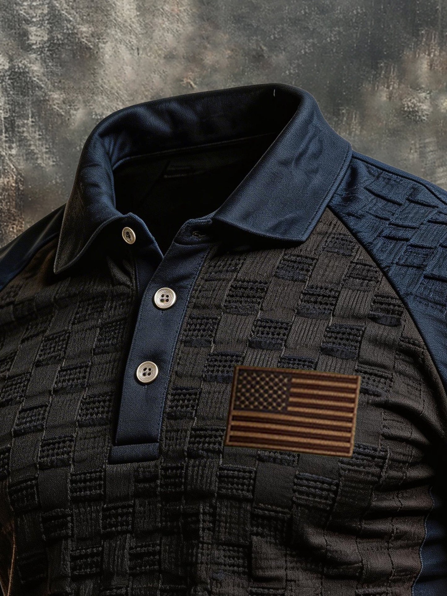 Men's Retro "Patriot" Textured Fabric Short-Sleeve T-Shirt with Contrast Polo Collar