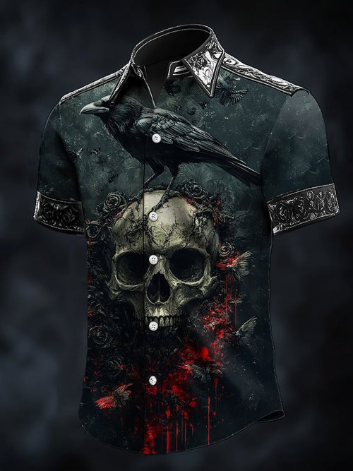 Men's Casual Dark Skull Crow Art Satin Shirt
