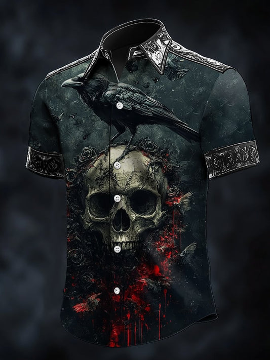 Men's Casual Dark Skull Crow Art Satin Shirt