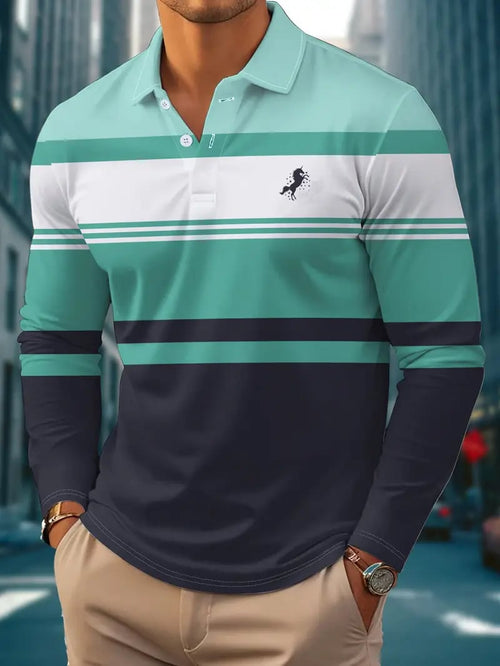Men's Retro Business Stripe Print Long Sleeve Polo Shirt