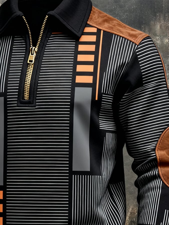 Men's Retro Color Block Print Zipper Sweatshirt