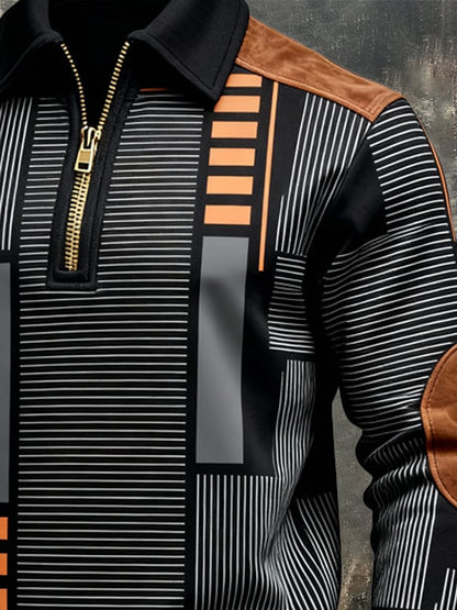 Men's Retro Color Block Print Zipper Sweatshirt
