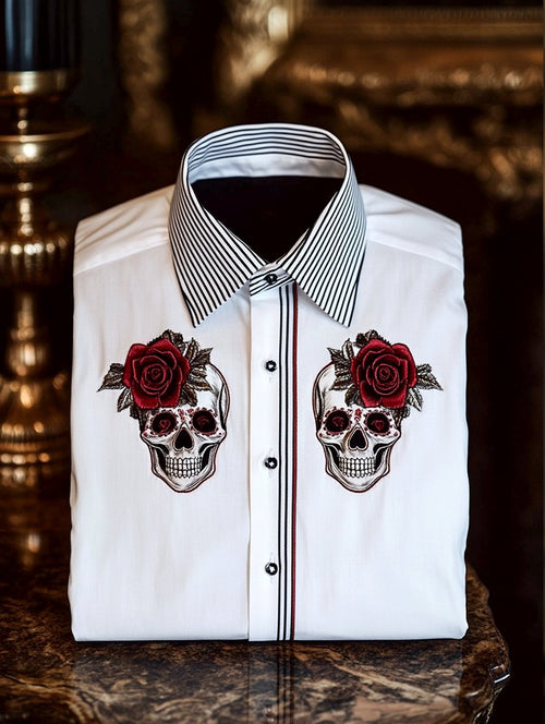 Men's Satin Skull Rose Casual Long Sleeve Button-Down Shirt