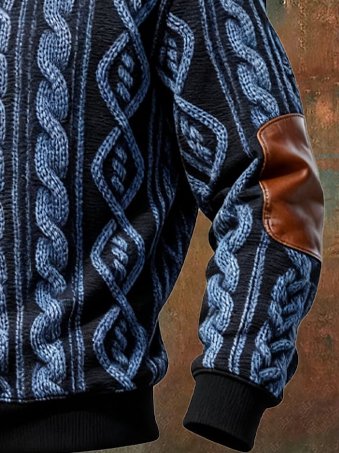 Men's Retro Color Block Print Casual Fur Collar Sweatshirt