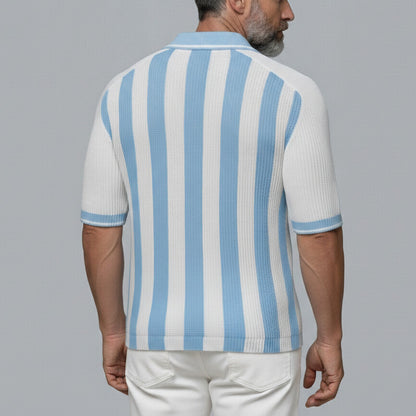 Men's White Contrast Striped Pattern Knitted Short Sleeve Polo Shirt