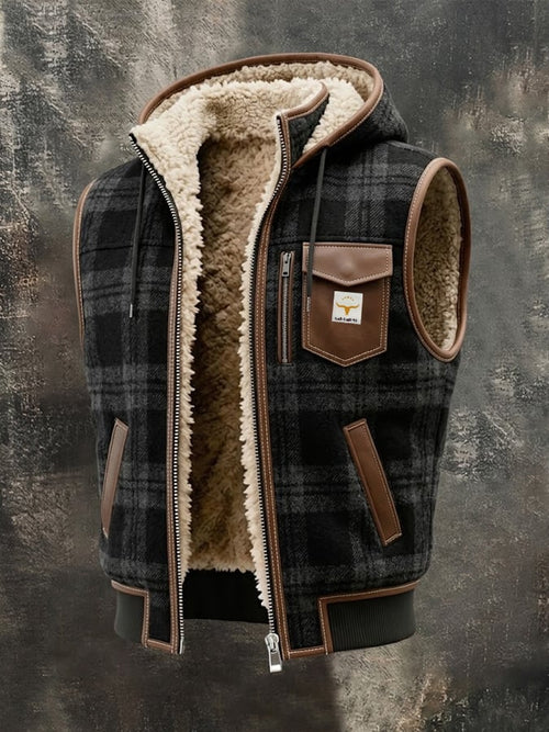Men's Vintage Multi-Pocket Plaid-Panel Distressed Vest