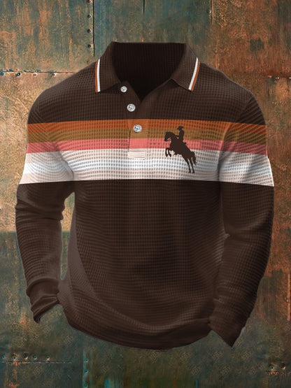 Men's Retro Lettering Design Waffle Fabric Long Sleeve Polo Shirt