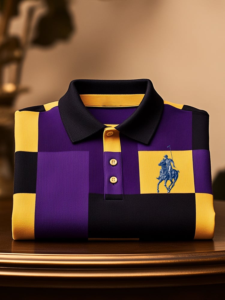 Men's Classic Business Check Logo Button Short Sleeve Polo Shirt