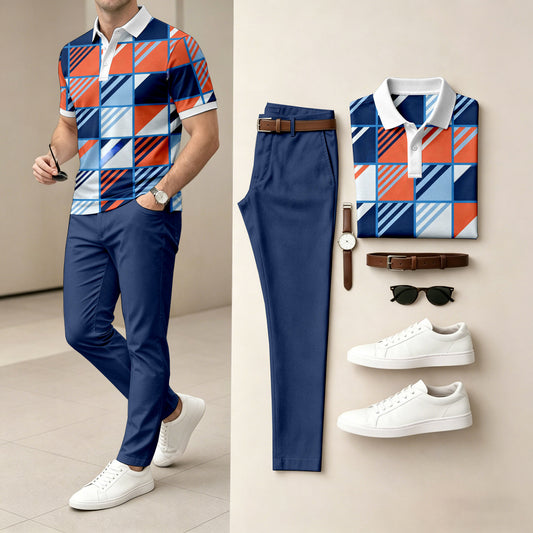 Men's Casual Colorful Plaid Printed Polo Shirt And Pants Two-Piece Set