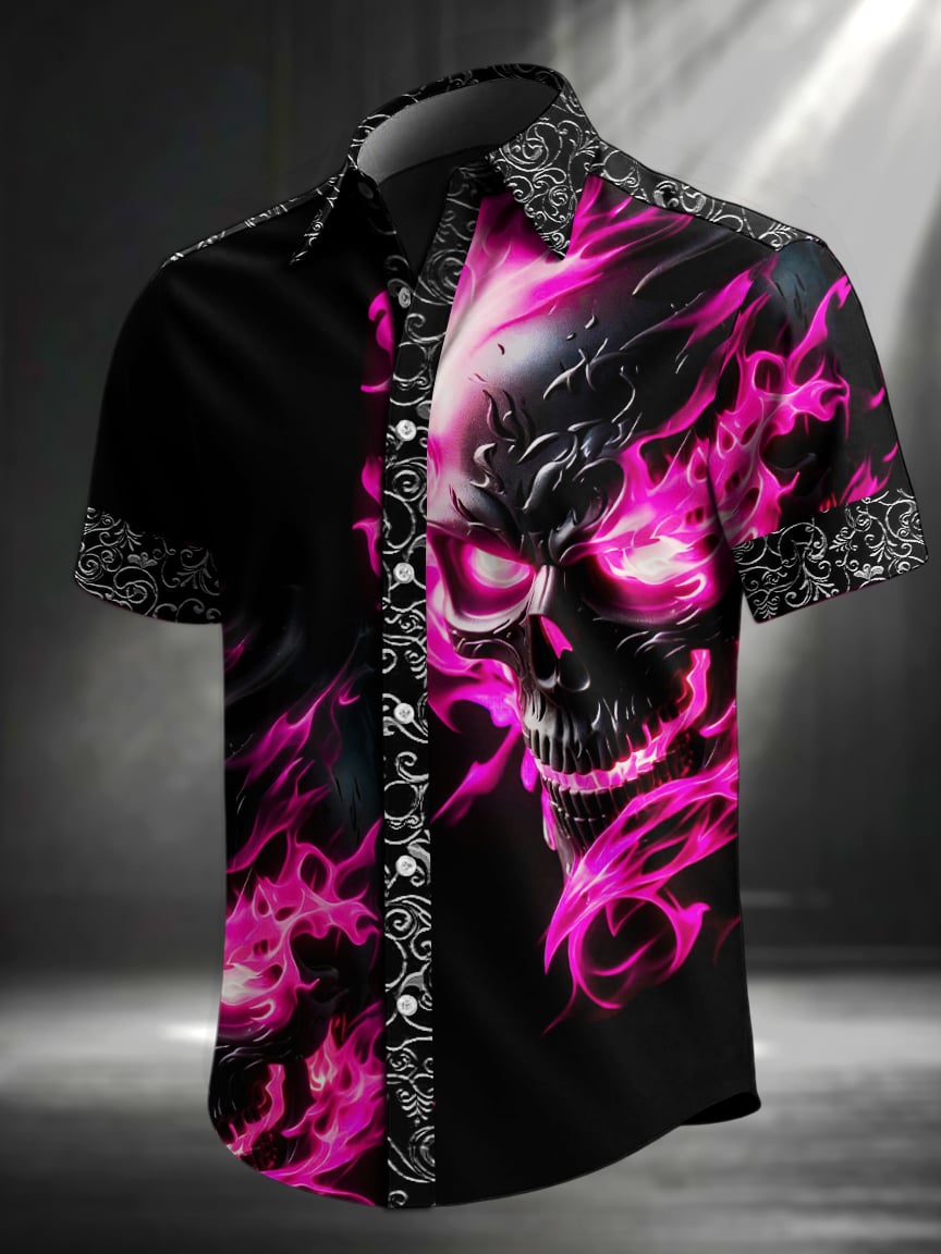 Men's Retro Skull Print Lapel Short Sleeve Shirt