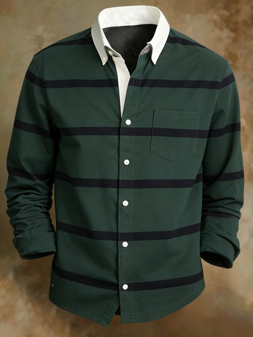 Men's Retro Striped Pattern Print Army Green Shirt