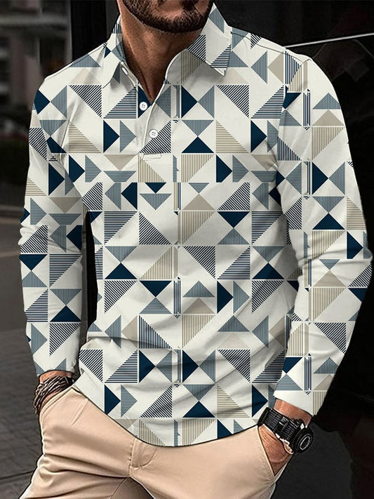 Men's Business Style Geometric Print Long Sleeve Polo