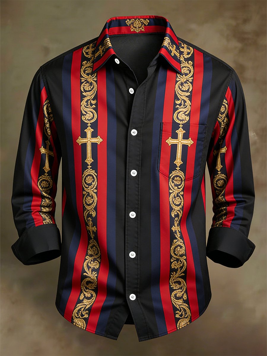Men's Retro Business Casual Baroque Faith Striped Long-Sleeved Shirt