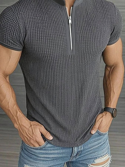 Men'S Casual Zipper Stand Collar Short-Sleeved Polo Shirt
