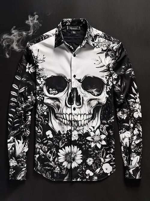 Men's Outdoor Vintage Skull and Floral Long Sleeve Shirt