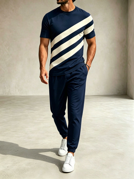 Men's Casual Navy Blue & Beige Color Matching Striped Printed Round Neck T-Shirt & Pants Two-Piece Set