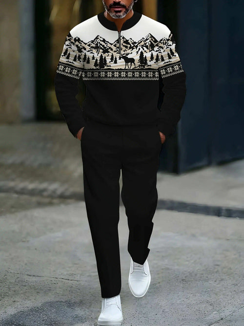 Men's Casual Black & White Color Matching Elk Christmas Printed Round-Neck Zipper Long Sleeved Sweatshirt & Trousers Two-Piece Set