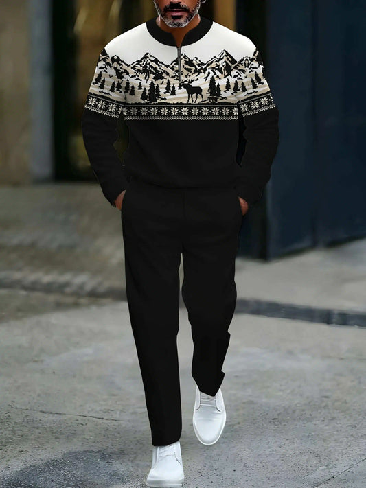 Men's Casual Black & White Color Matching Elk Christmas Printed Round-Neck Zipper Long Sleeved Sweatshirt & Trousers Two-Piece Set