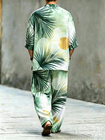 Men's Vintage Abstract Art Printed Cotton Shirt Set (Top & Pants)