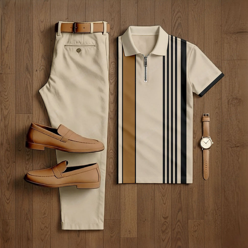 Men's Casual Apricot Color Matching Striped Printed Short Sleeved Polo Shirt & Trousers Two-Piece Set