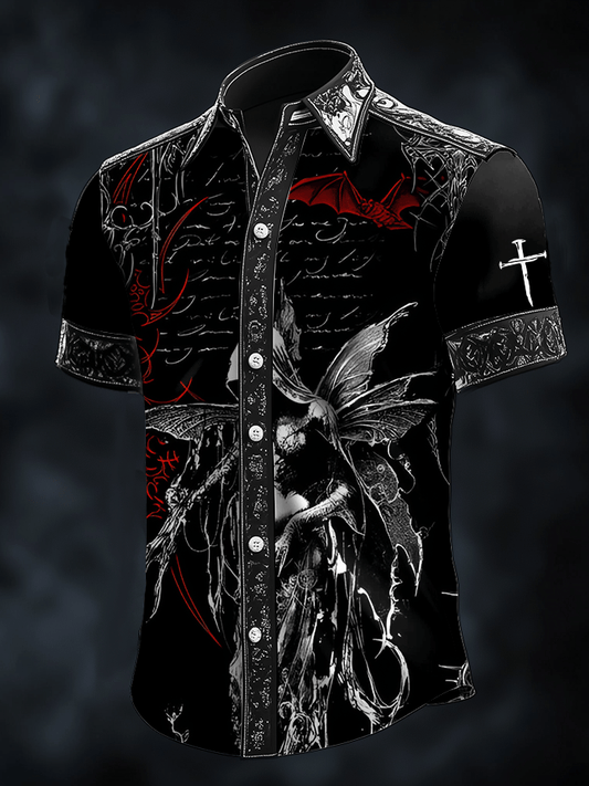 Men's Dark Skull Print Satin Short Sleeve Shirt