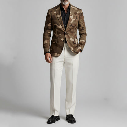 Men's Retro Camouflage Print Notched Lapel Two Button Slim Long Sleeve Blazer