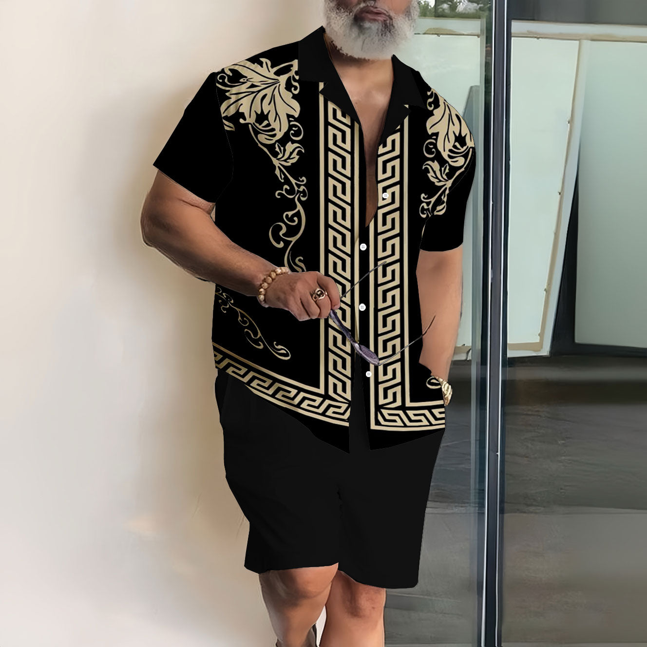 Men's Fashion Casual Lapel Printed Short Sleeve Shirt Two-Piece Set