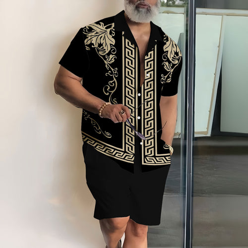 Men's Fashion Casual Lapel Printed Short Sleeve Shirt Two-Piece Set