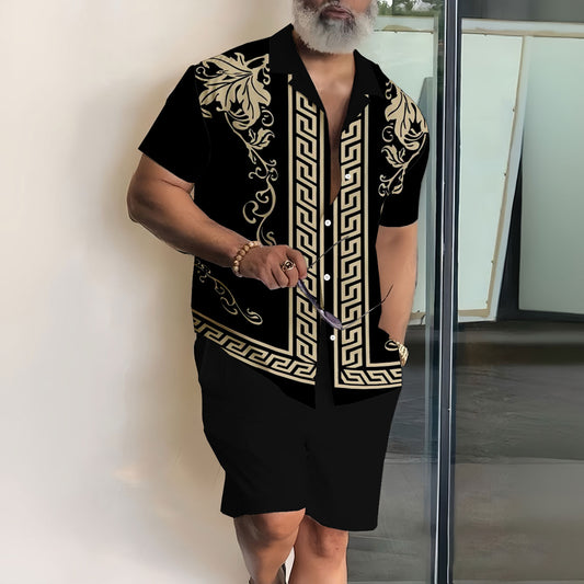 Men's Fashion Casual Lapel Printed Short Sleeve Shirt Two-Piece Set