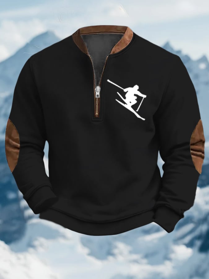 Men's Vintage Apres-Ski Design Printed Zip Collar Sweatshirt