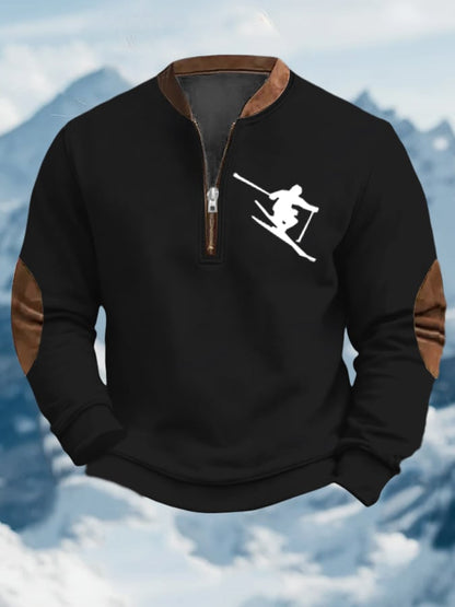 Men's Vintage Apres-Ski Design Printed Zip Collar Sweatshirt