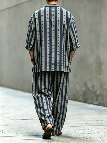 Men's Vintage Abstract Art Printed Cotton Shirt Set (Top & Pants)