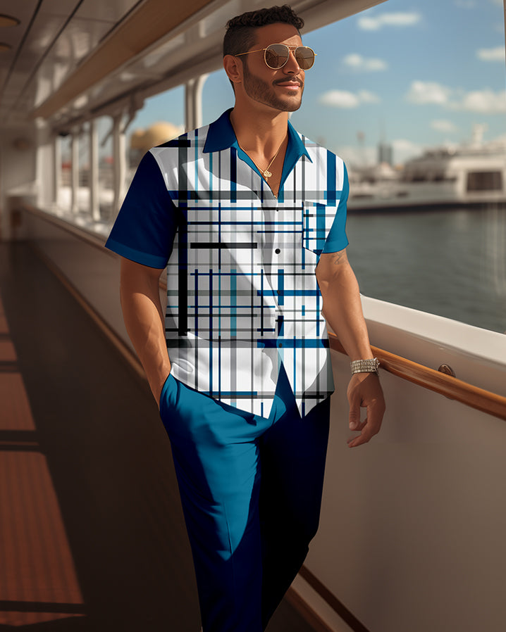Men's retro colorblock short-sleeved shirt walking Suit 1680