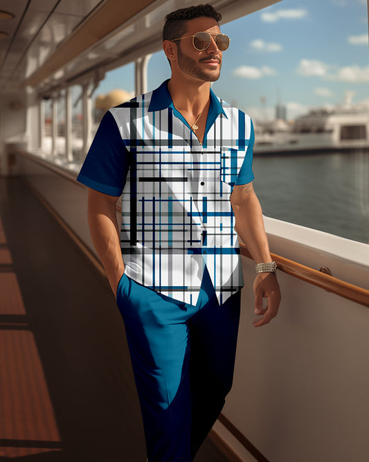 Men's retro colorblock short-sleeved shirt walking Suit 1680
